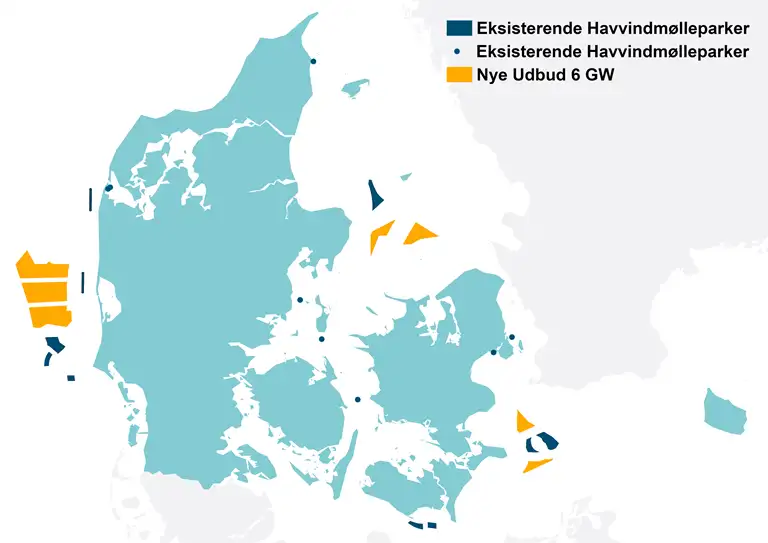 Kort over de udbudte parker samt eksisterende havvindmølleparker i Danmark