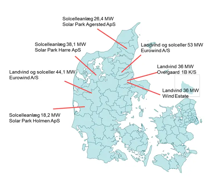 Kort over solcelleanl&aelig;g i Nord- og Vestjylland